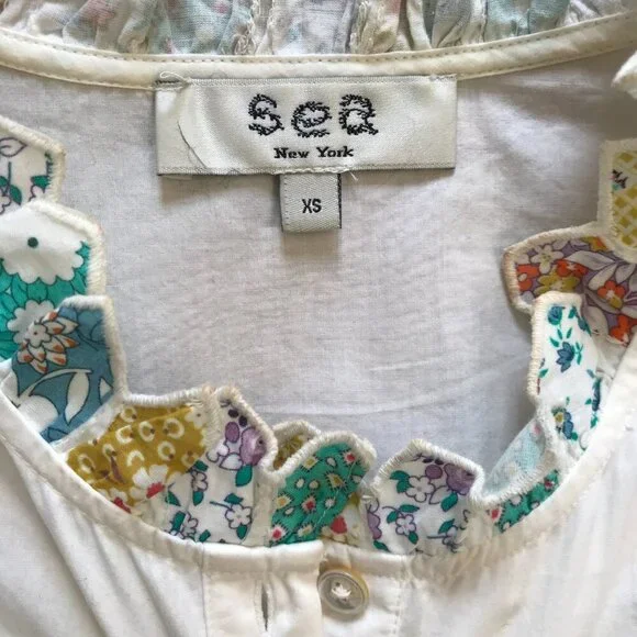 Sea NY Linden Patchwork Dress Womens XS Cream Blue Long Sleeve Ruffle Cotton - Picture 6 of 13